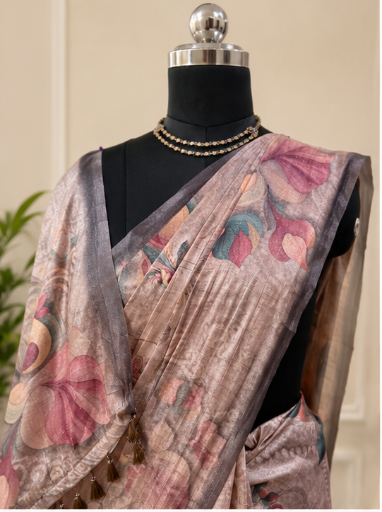 Beautiful Mauve Sequinned Silk Blend Saree with Floral Prints and Tassels.