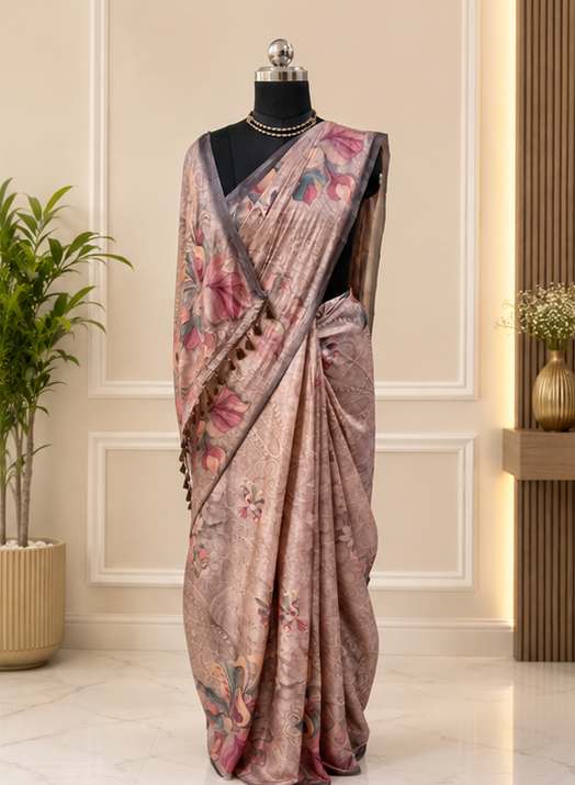 Beautiful Mauve Sequinned Silk Blend Saree with Floral Prints and Tassels.