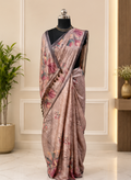 Beautiful Mauve Sequinned Silk Blend Saree with Floral Prints and Tassels.