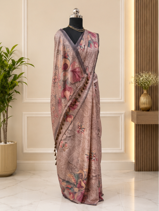 Beautiful Mauve Sequinned Silk Blend Saree with Floral Prints and Tassels.