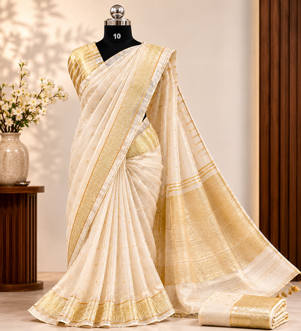 Beautiful Cream Tissue Organza Saree with Zari Border