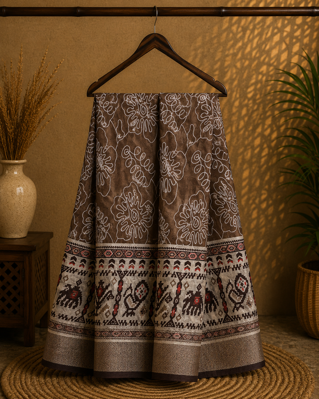 Elegant Light brown saree featuring a stylish white floral outline print with a beautifully ethnic border - Cotton tissue soft Saree