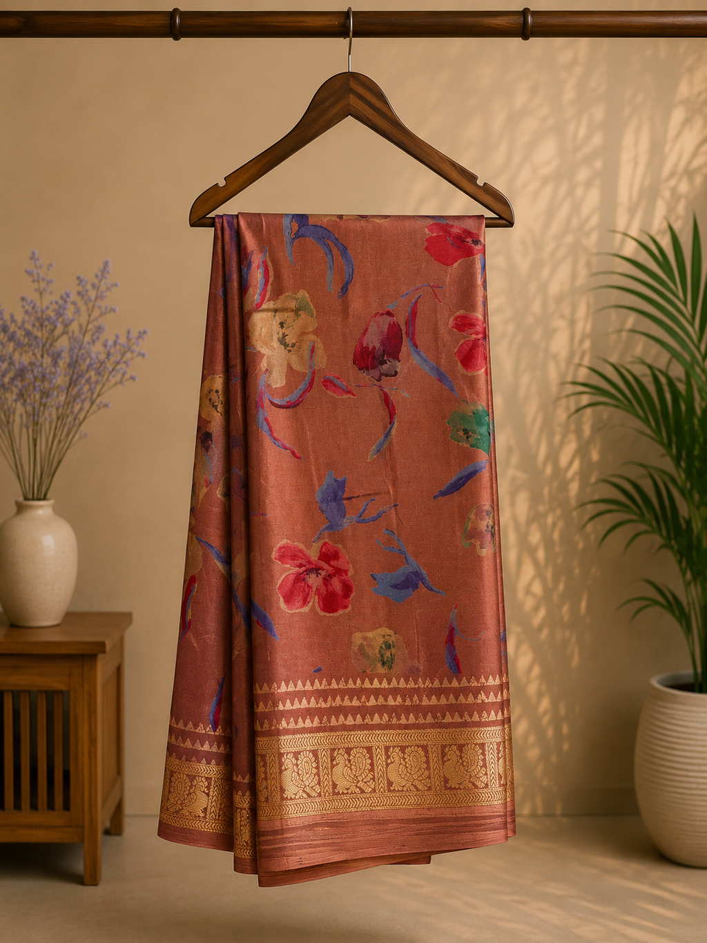 Elegant dusty rose saree featuring graceful floral prints in vibrant shades of blue, red, and beige. Finished with a rich golden woven border - Satin Tissue Saree
