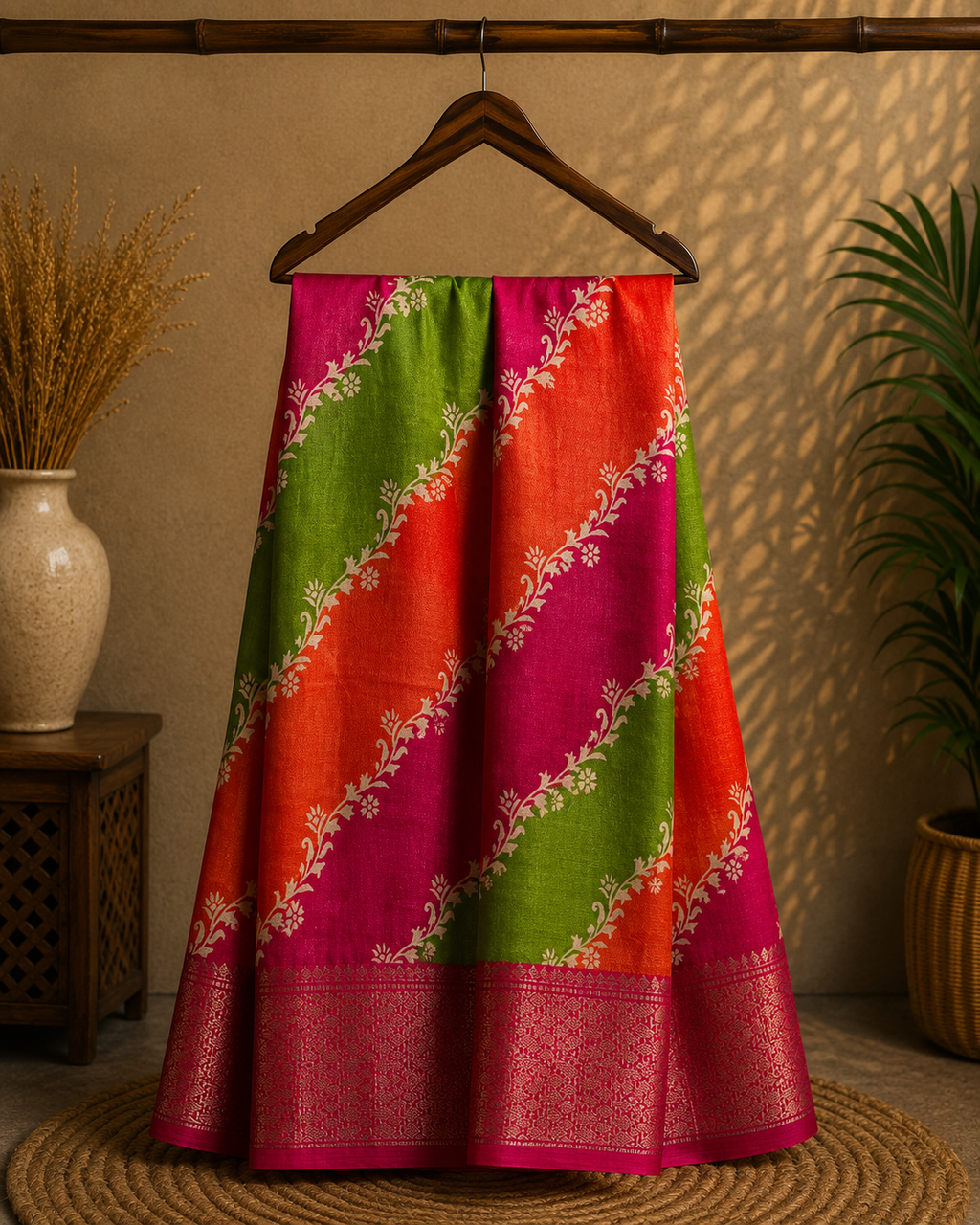 Graceful multicolor saree featuring striking diagonal panels in pink, green, and orange, beautifully accented with delicate floral vine prints with an elegant zari border - Cotton tissue soft Saree