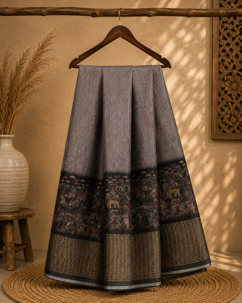 Elegant Ashy-grey saree featuring graceful Animal prints and zari woven border - Khadi digital print Saree