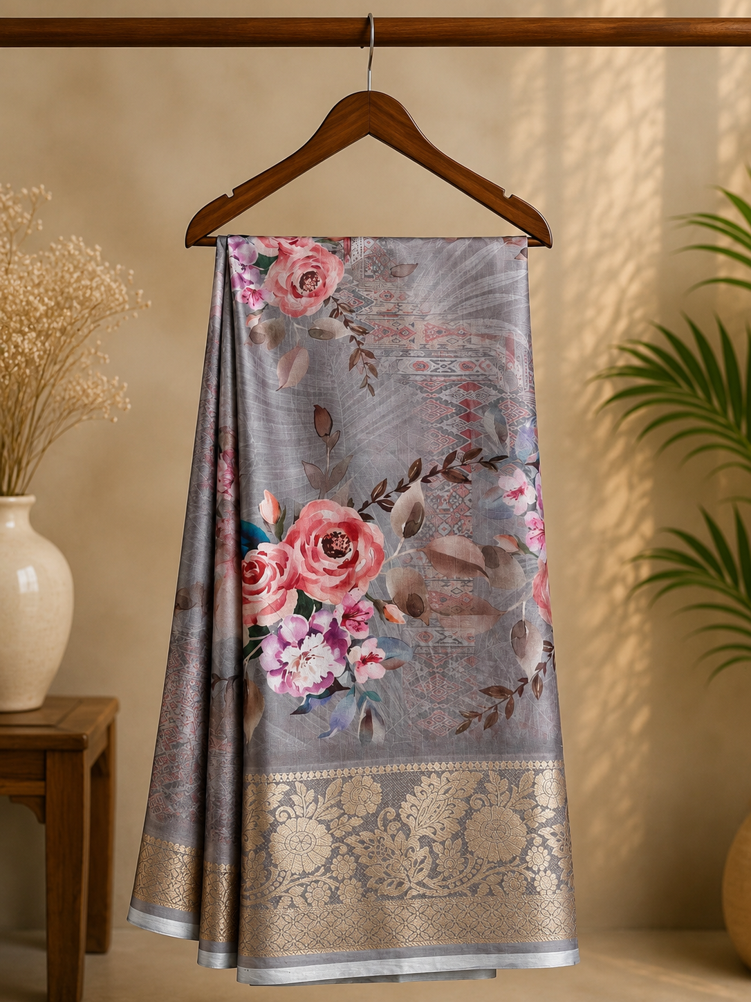 Elegant silver-grey saree featuring beautiful pink floral prints with rich woven zari border - Satin Tissue Saree