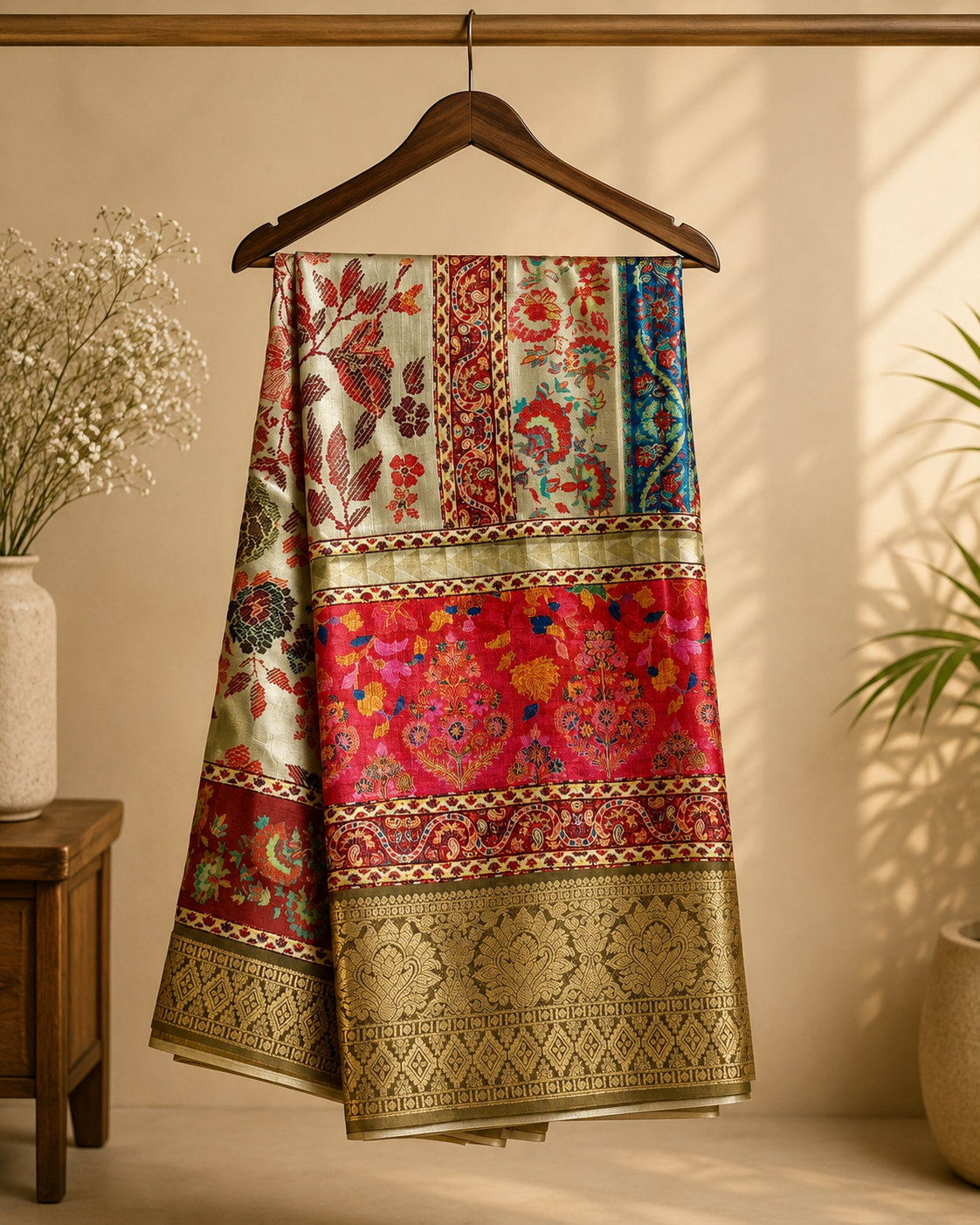Elegant multicolor saree featuring vibrant floral and traditional motifs with rich zari border - Satin Tissue Saree