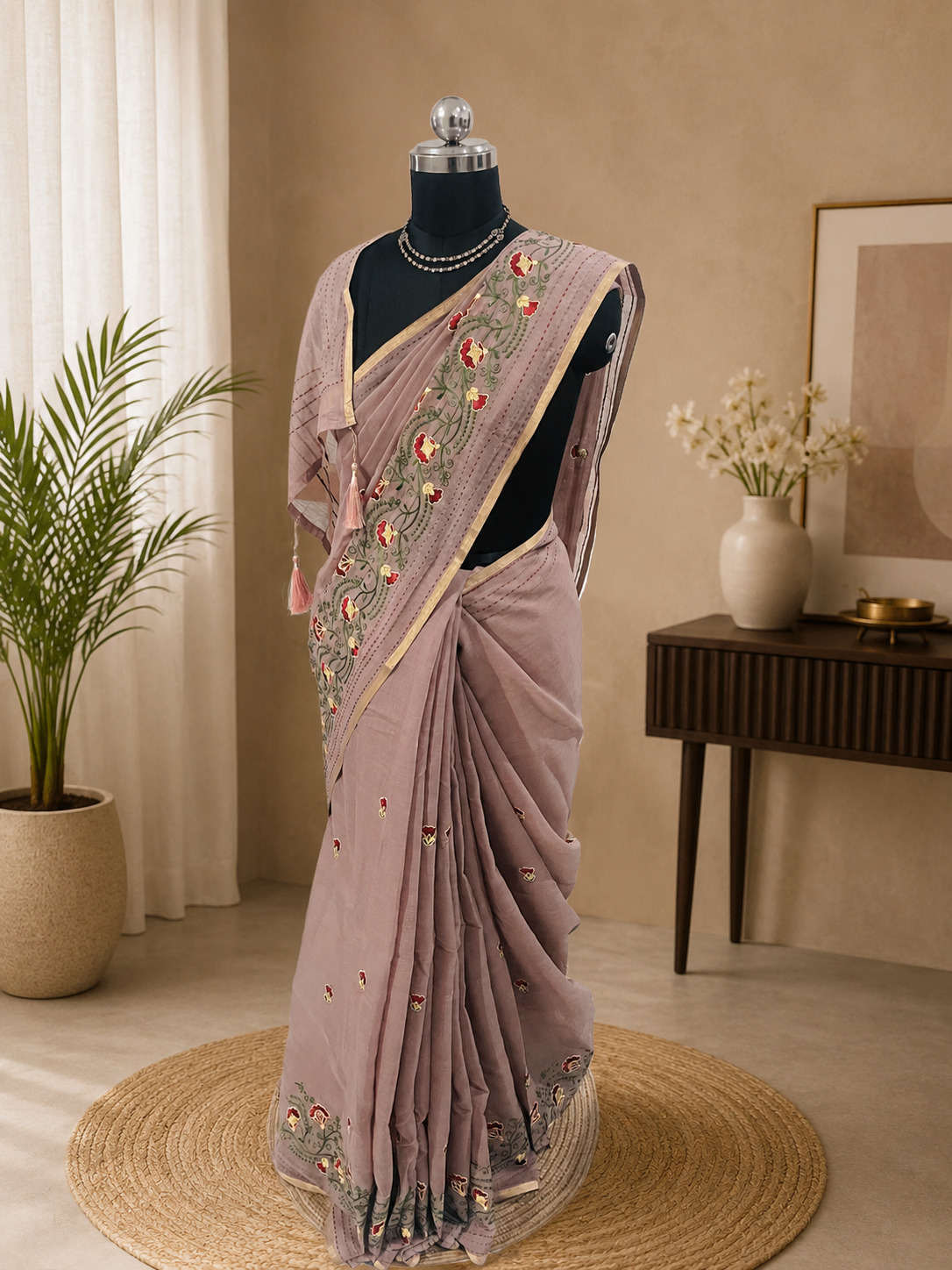 Beautiful Dusty Mauve with a Pastel Pink Soft Cotton & Tissue Mix Saree with Floral Embroidery Work.