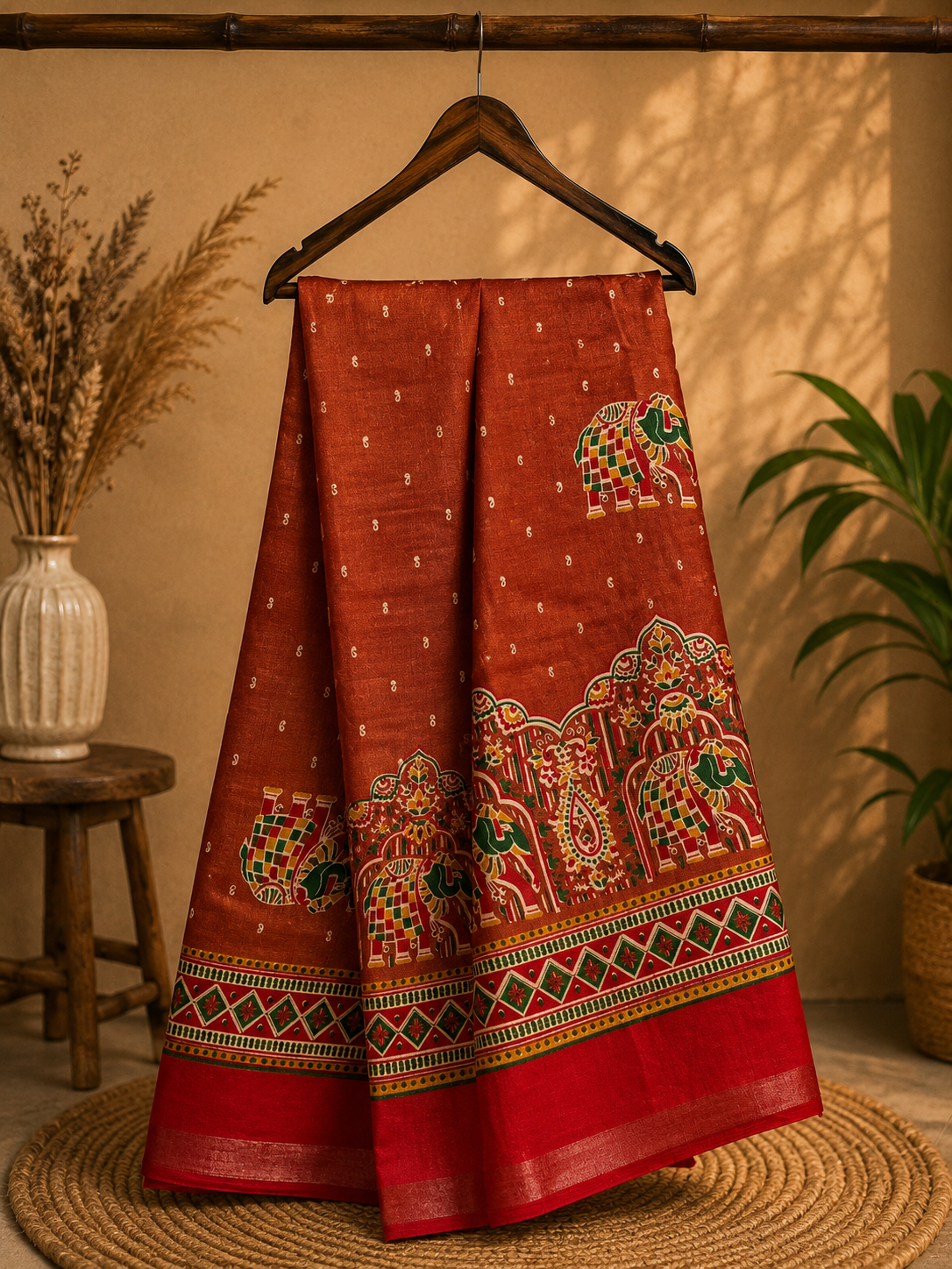 Gracefully designed in a rich rust-orange shade, this saree features elegant elephant and heritage-inspired temple motifs Zari Line border- Cotton silk soft Saree