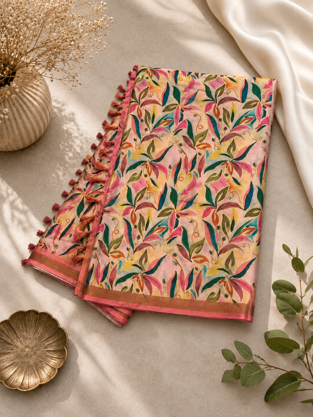 Beautiful Satin and Cotton Combination Saree with Floral design and Woven Border
