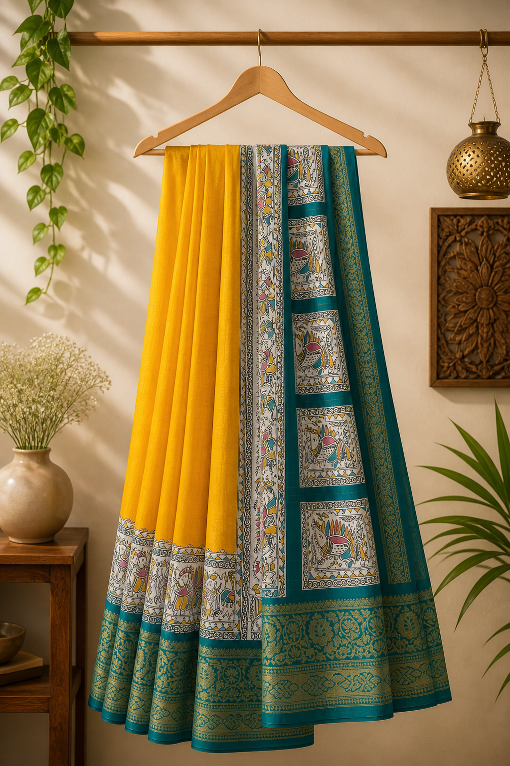 Dola Silk Digital Printed - Yellow and Sky Blue Combination with Vector Arts Border