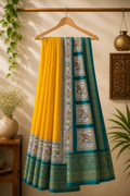 Dola Silk Digital Printed - Yellow and Sky Blue Combination with Vector Arts Border
