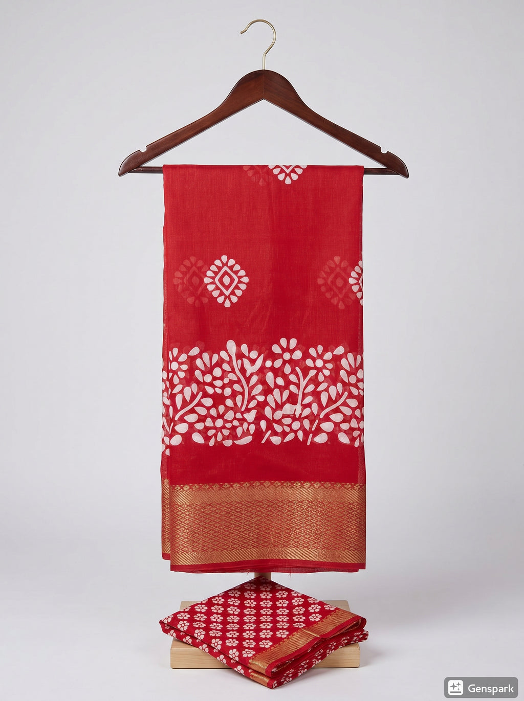 Crimson Red Cotton-Silk Blend with White Floral Motifs and Gold Zari Border