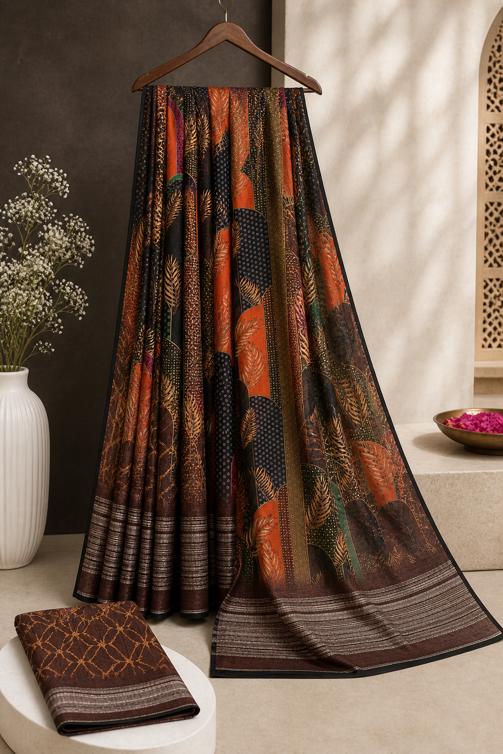 Feather & Stripes Print Linen Cotton Saree with Black, Brown and Multicolour