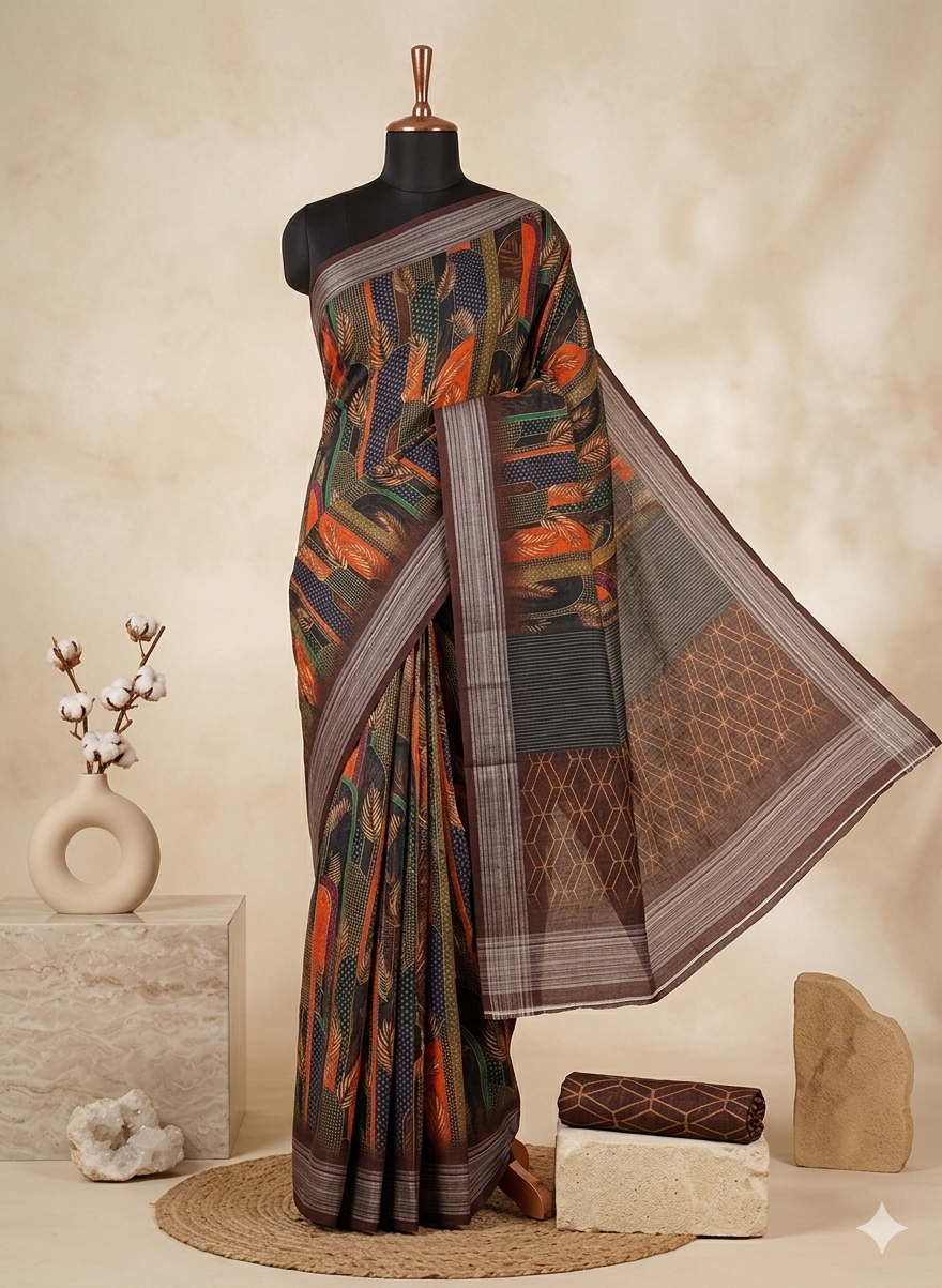Feather & Stripes Print Linen Cotton Saree with Black, Brown and Multicolour