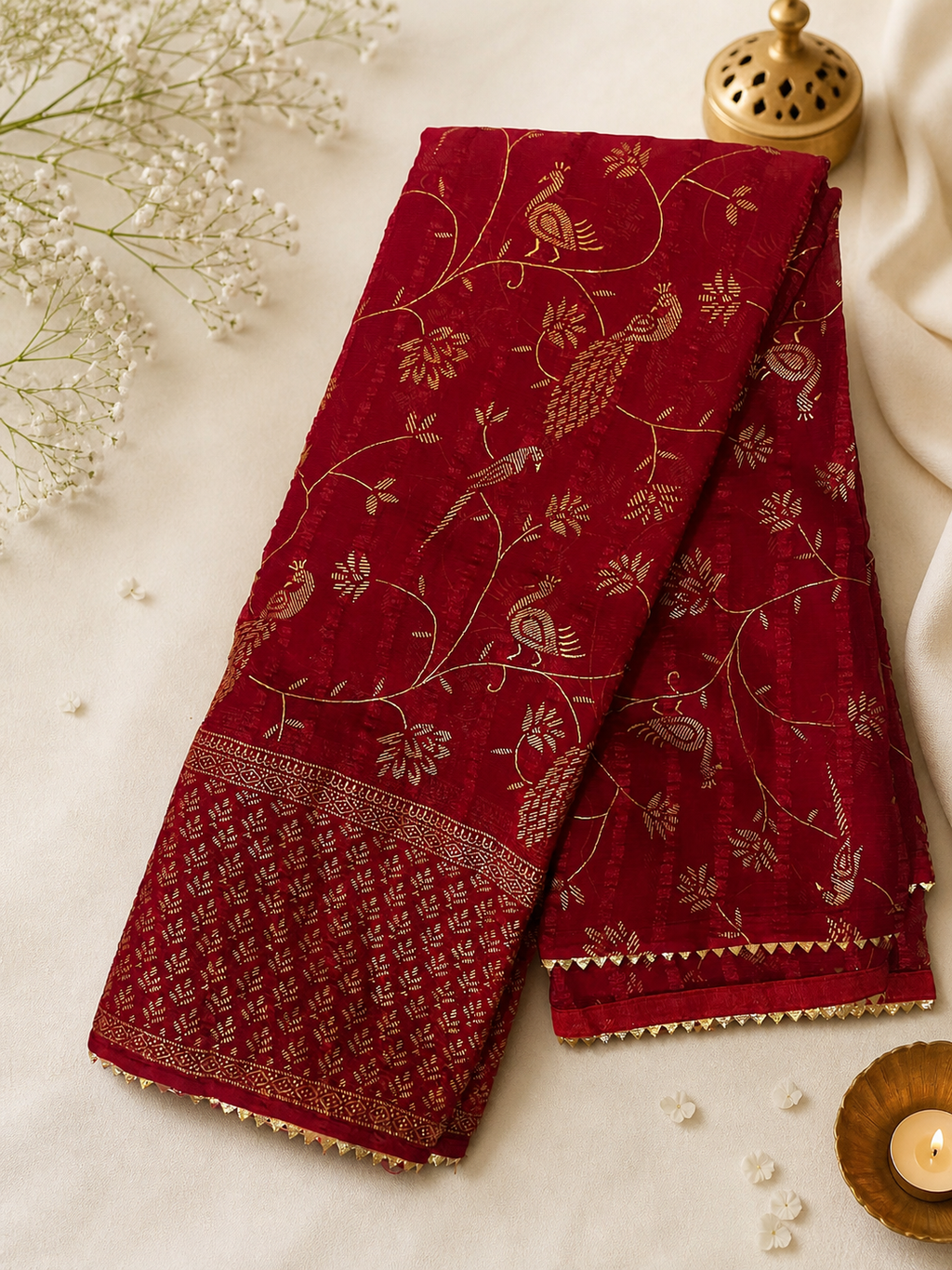 Elegant Deep Red Georgette Saree with Golden Floral design and Border with Tassel