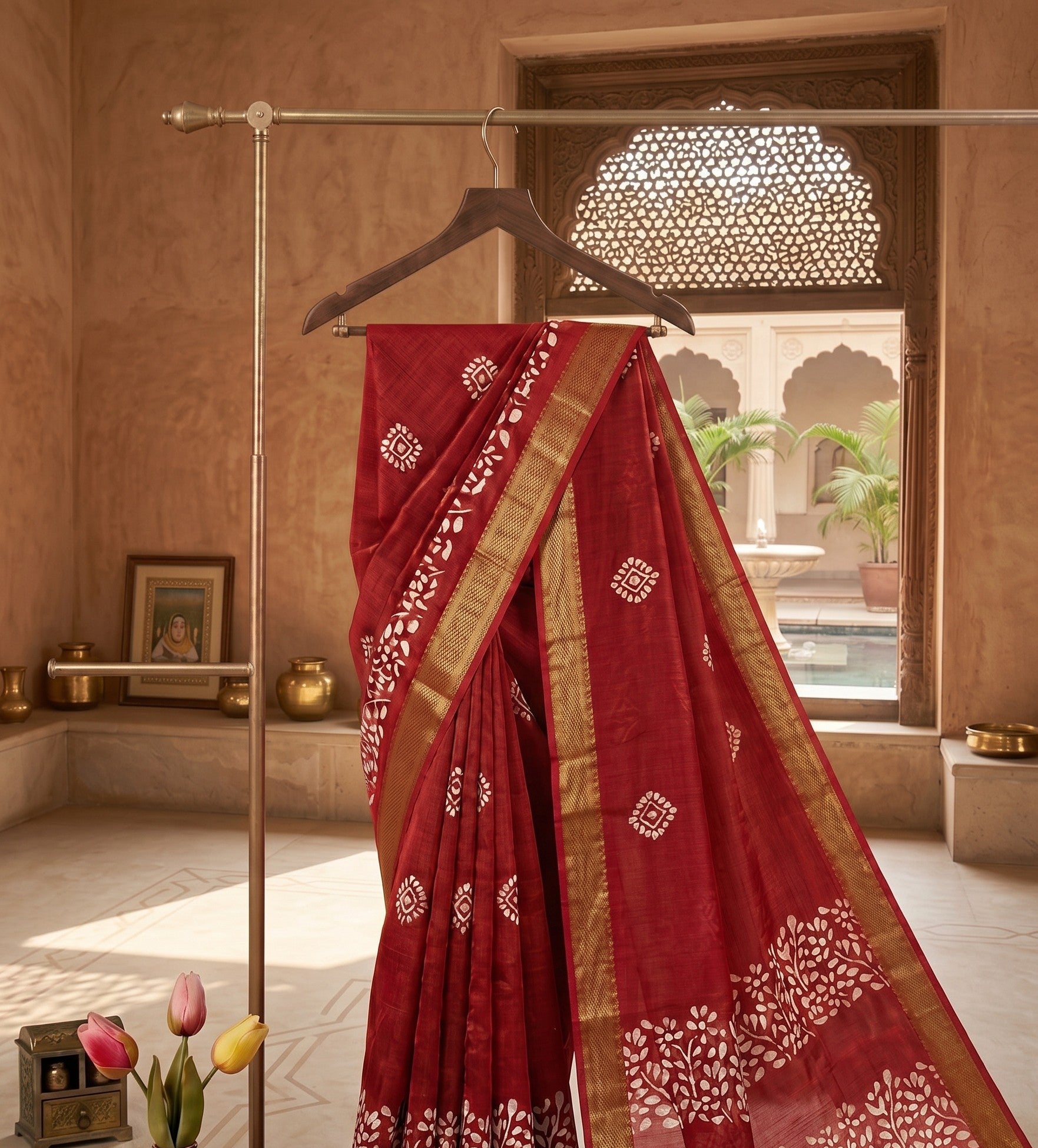 Crimson Red Cotton-Silk Blend with White Floral Motifs and Gold Zari Border