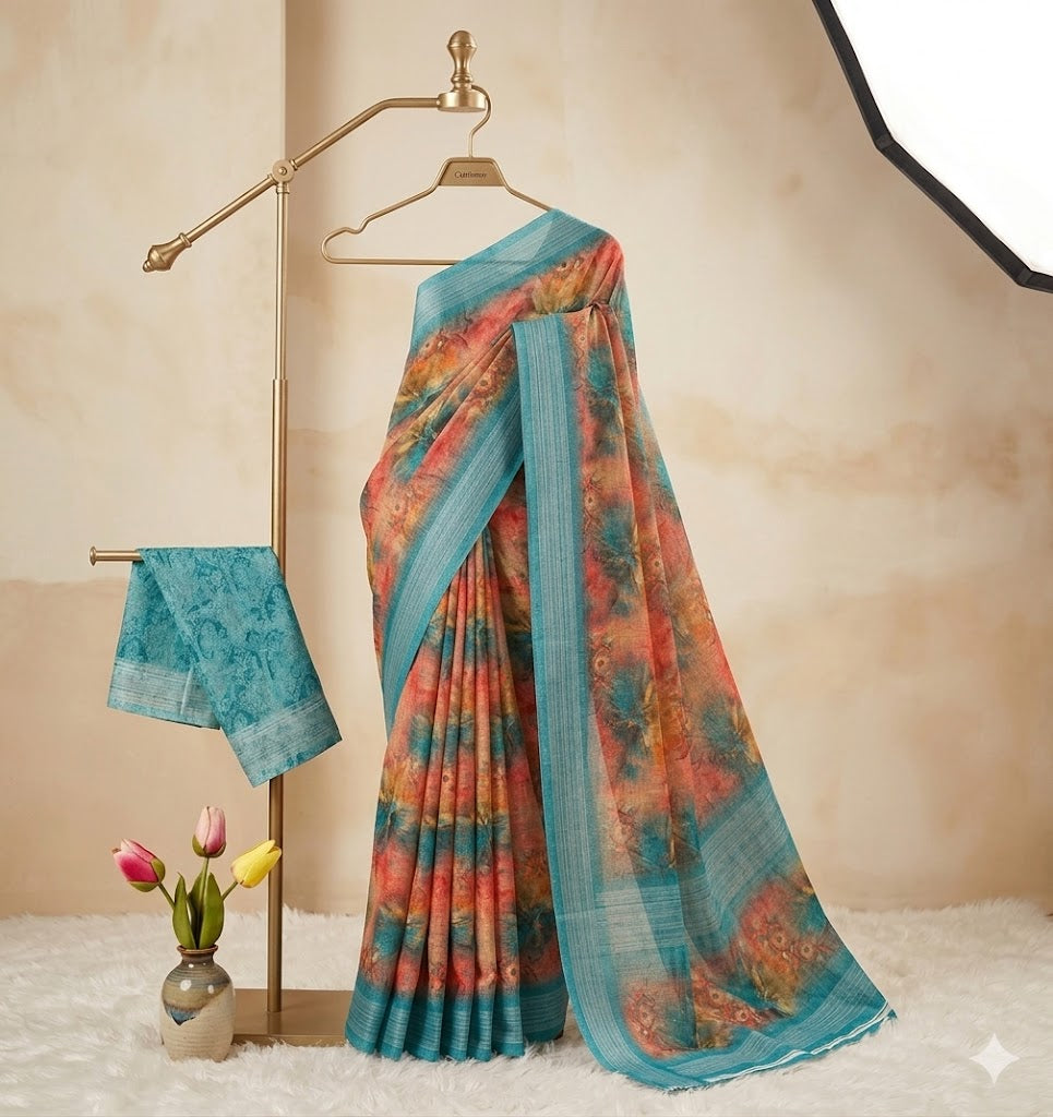 Digital Printed Linen-Cotton Blend Saree with a Vibrant Floral Burst in Teal Blue, Coral, Orange & Pink