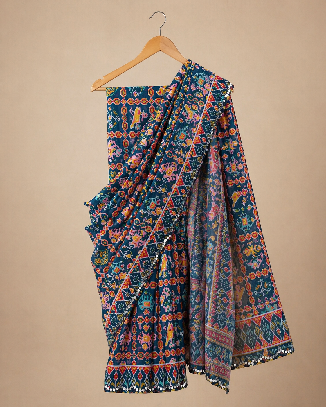 Mirror Work Star Georgette Saree - Blue and Multi Colour Combination