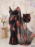 Beautiful Black Georgette Saree with large Floral Prints in Pink and Red -with Pearl Border