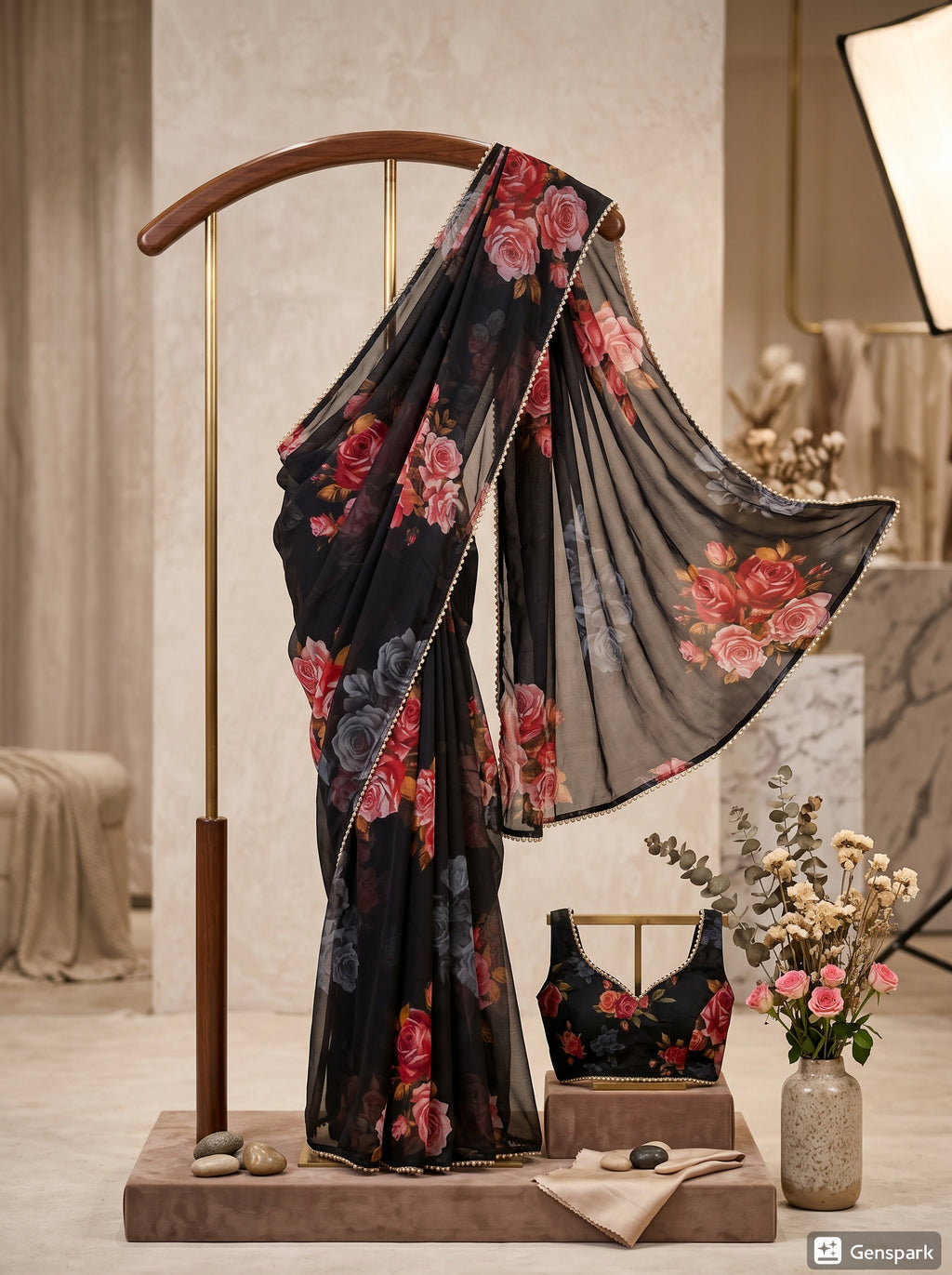 Beautiful Black Georgette Saree with large Floral Prints in Pink and Red -with Pearl Border