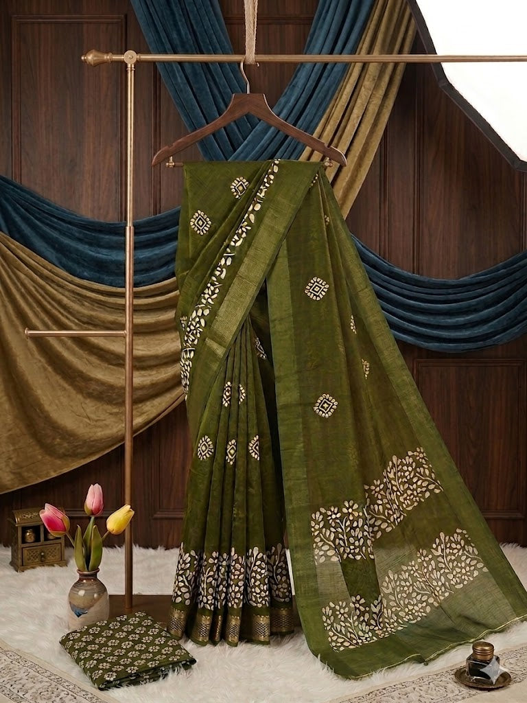 Mehndi Green Cotton Silk blend with Floral Motifs and Gold Zari Border