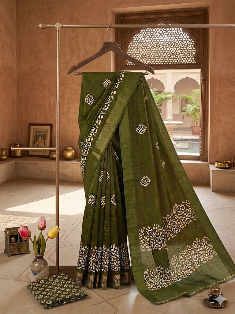 Mehndi Green Cotton Silk blend with Floral Motifs and Gold Zari Border