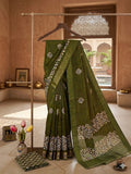 Mehndi Green Cotton Silk blend with Floral Motifs and Gold Zari Border
