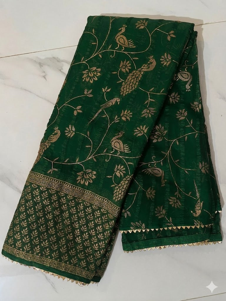 Elegant Green Georgette Saree with Golden Floral design and Border with Tassel
