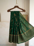 Elegant Green Georgette Saree with Golden Floral design and Border with Tassel