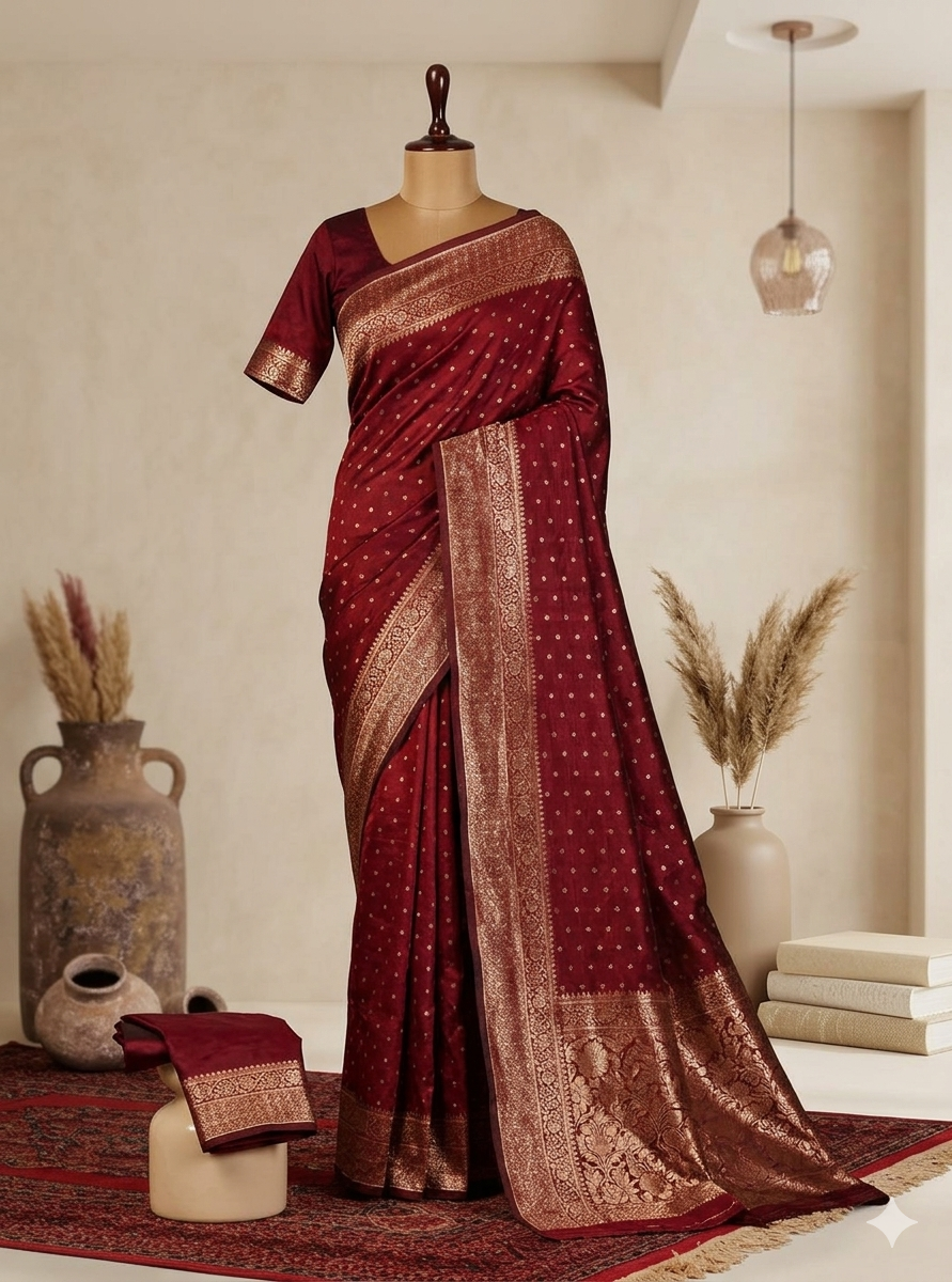Beautiful Lichi Silk Maroon Saree with Gold Zari Border -  Dotted Motifs