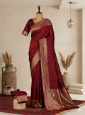 Beautiful Lichi Silk Maroon Saree with Gold Zari Border -  Dotted Motifs
