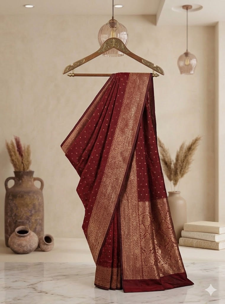 Beautiful Lichi Silk Maroon Saree with Gold Zari Border -  Dotted Motifs