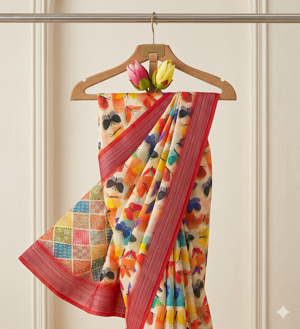 Cream Georgette Linen Cotton Saree with Ruby-Red Striated Border and Mosaic Patchwork Blouse