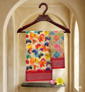 Cream Georgette Linen Cotton Saree with Ruby-Red Striated Border and Mosaic Patchwork Blouse