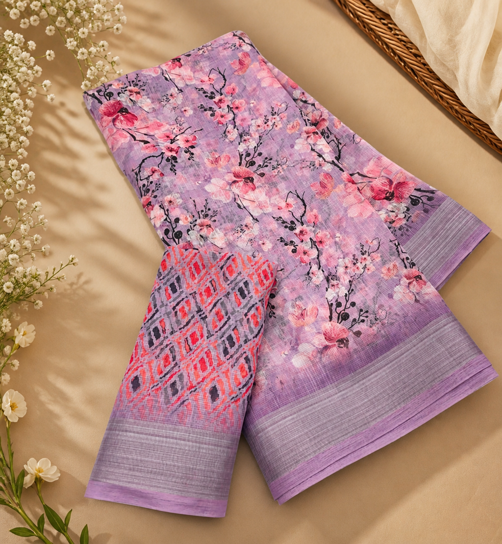 Lavender Linen Cotton Saree with Cherry Blossom Prints and Geometric Ikat-Style Blouse