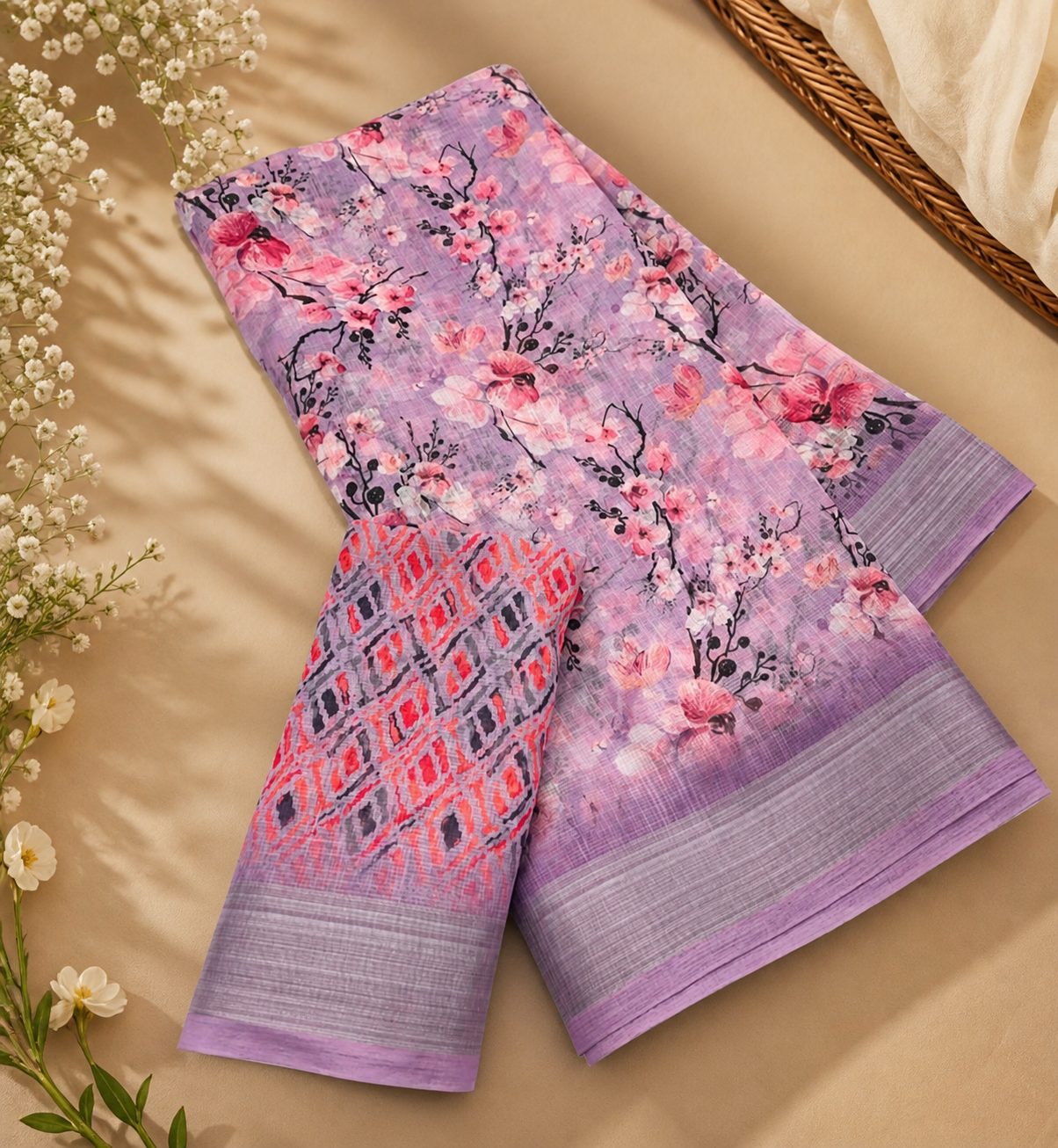 Lavender Linen Cotton Saree with Cherry Blossom Prints and Geometric Ikat-Style Blouse