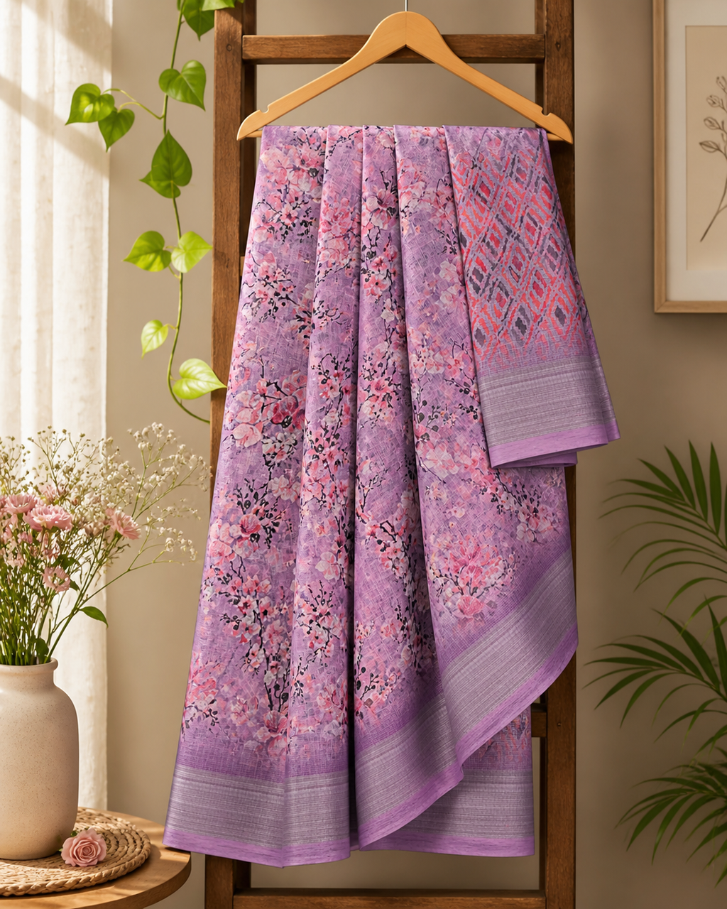 Lavender Linen Cotton Saree with Cherry Blossom Prints and Geometric Ikat-Style Blouse