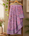 Lavender Linen Cotton Saree with Cherry Blossom Prints and Geometric Ikat-Style Blouse