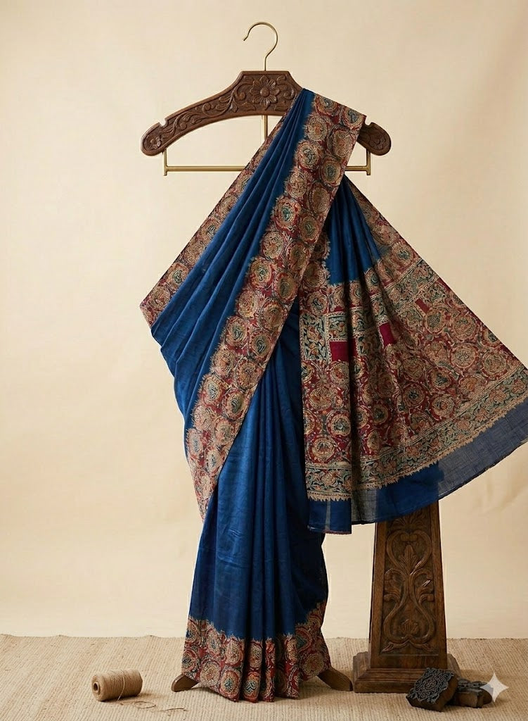 Printed Kalamkari Cotton Saree with Intricate Medallion Border and Artisan Pallu