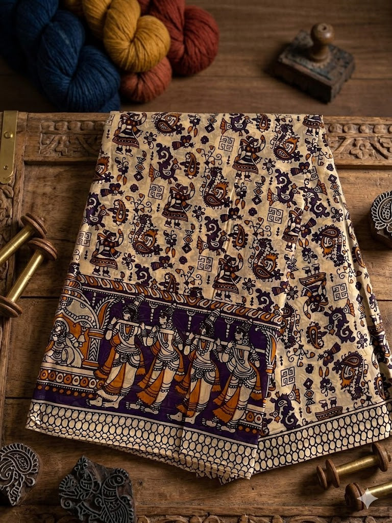 Printed Kalamkari Cotton Saree with Beige Deep Indigo and Earthy Purple Tones with Traditional Dance Motifs