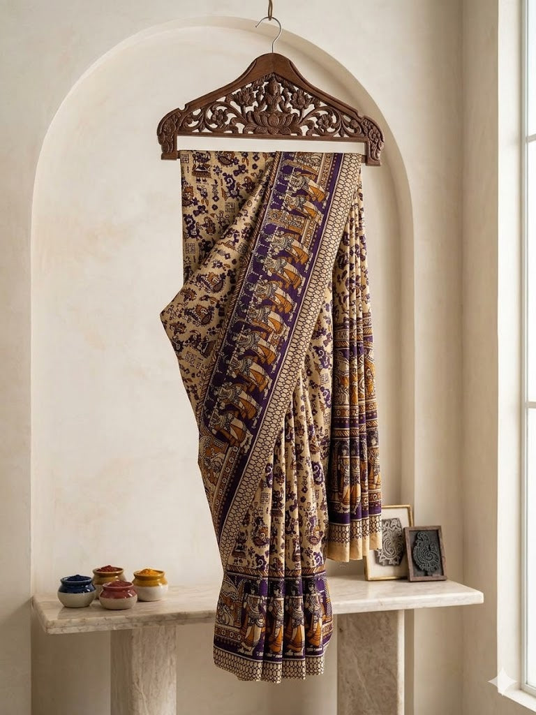 Printed Kalamkari Cotton Saree with Beige Deep Indigo and Earthy Purple Tones with Traditional Dance Motifs