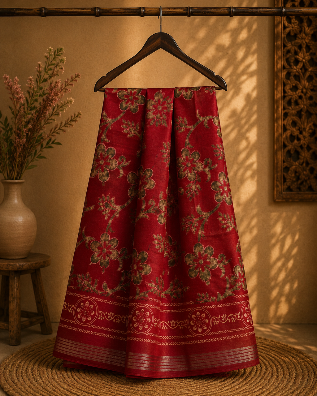 Graceful red saree adorned with elegant floral prints and a beautifully detailed Zari Line border- Cotton silk soft Saree