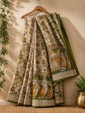 Printed Kalamkari Cotton Saree with Beige & Green with Traditional Dance Motifs