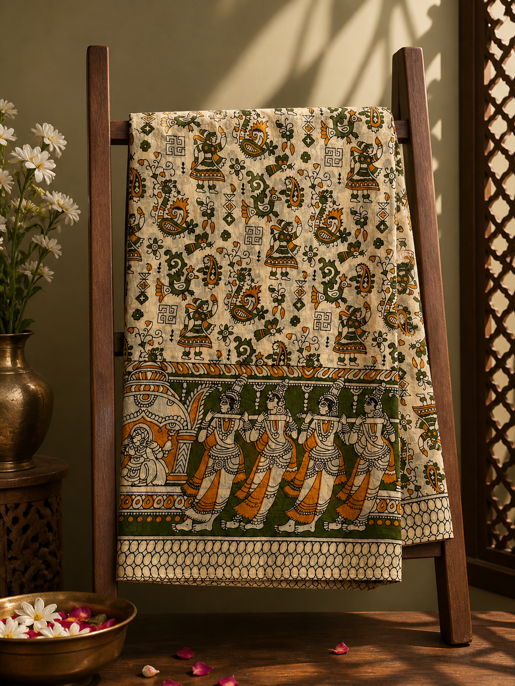 Printed Kalamkari Cotton Saree with Beige & Green with Traditional Dance Motifs