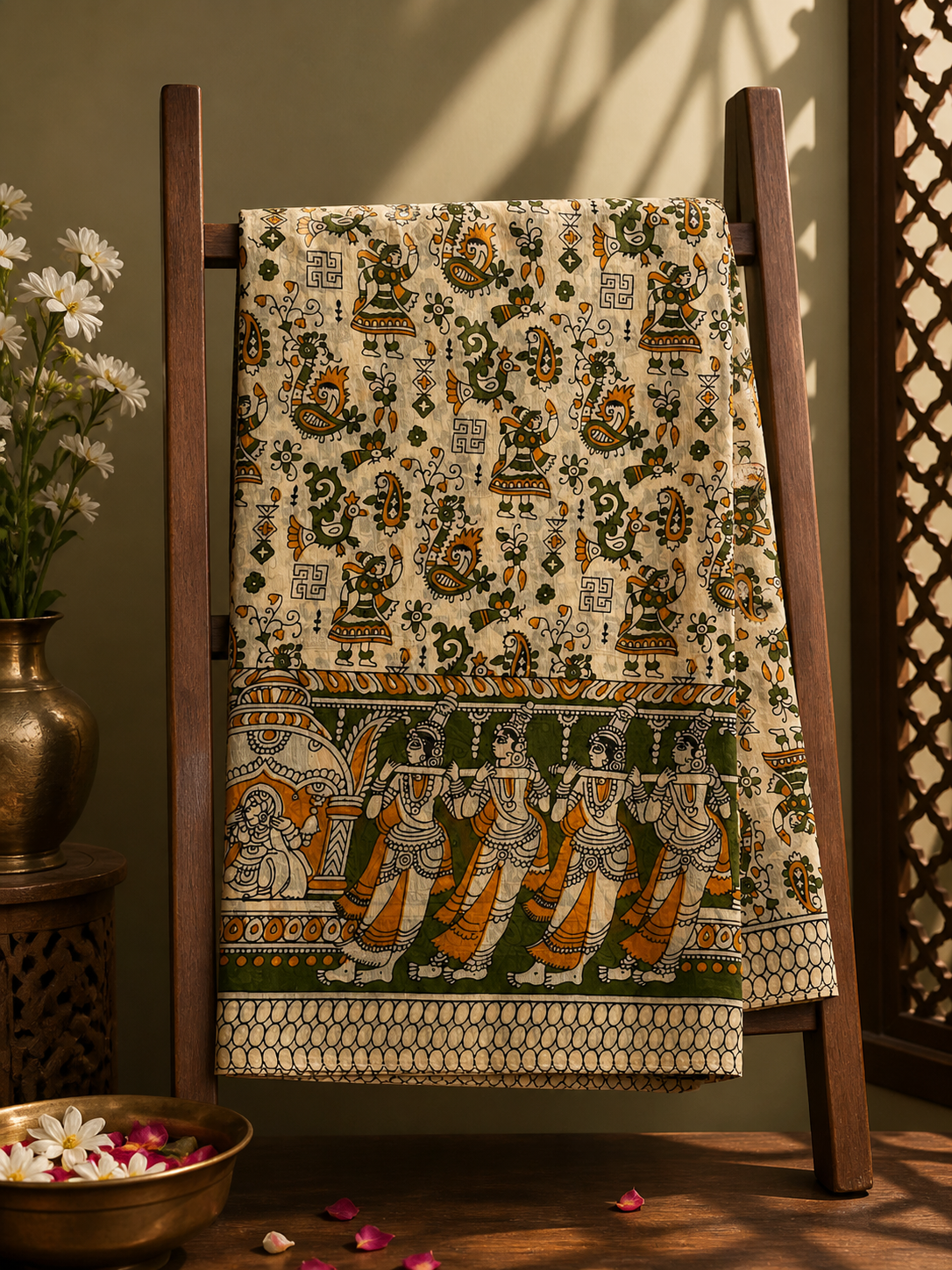 Printed Kalamkari Cotton Saree with Beige & Green with Traditional Dance Motifs
