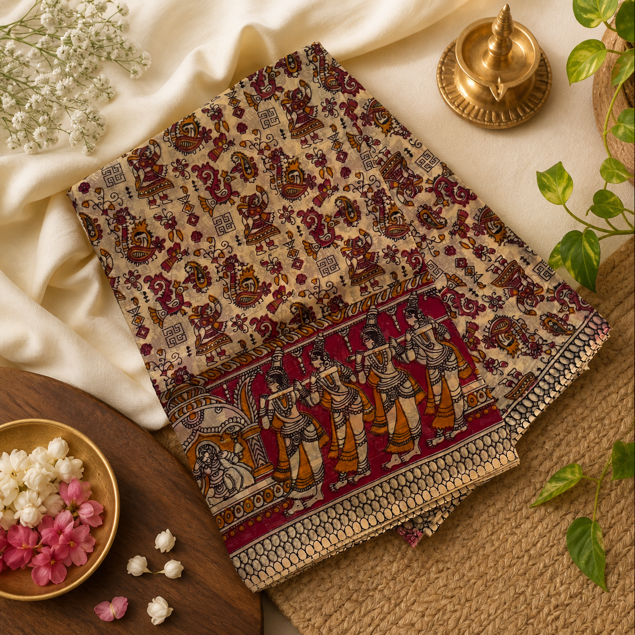 Printed Kalamkari Cotton Saree with Beige and Maroon Tones with Traditional Dance Motifs
