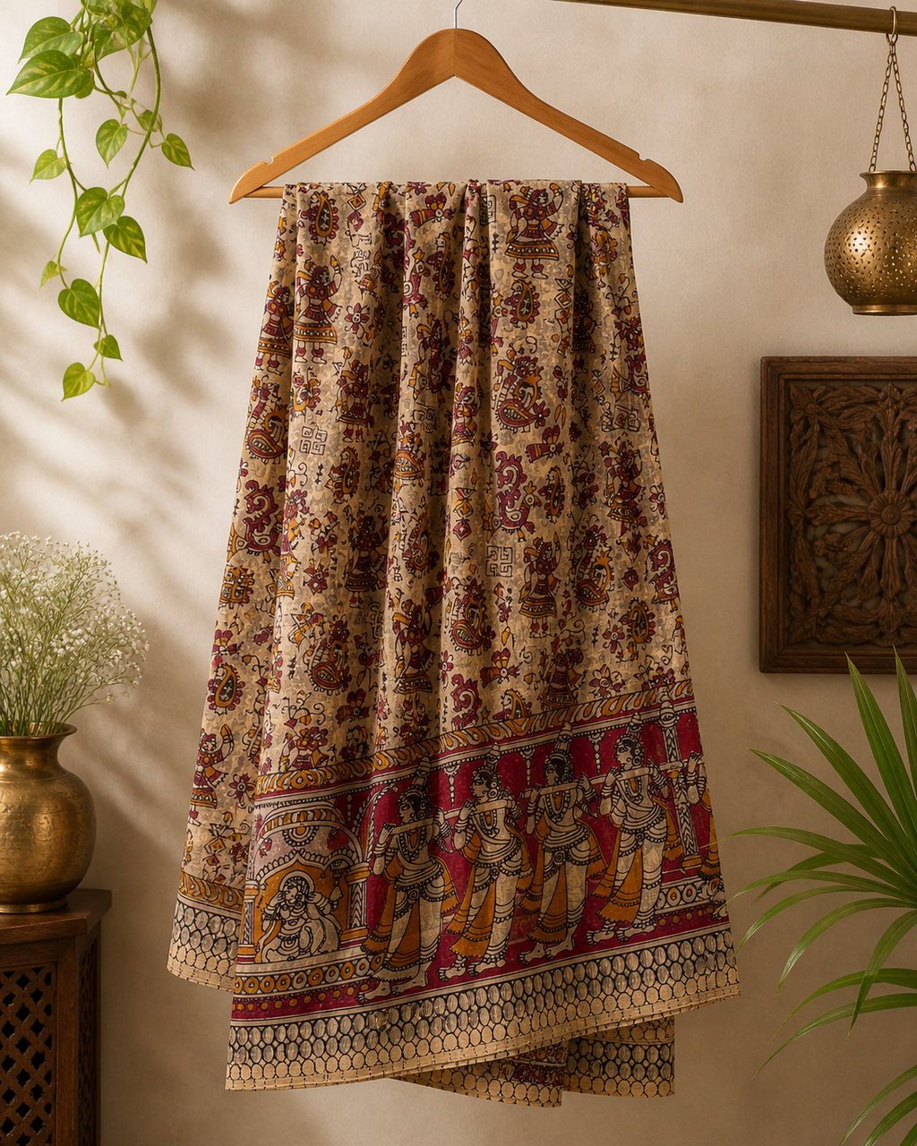Printed Kalamkari Cotton Saree with Beige and Maroon Tones with Traditional Dance Motifs