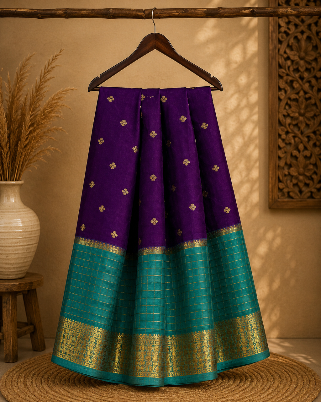 Premium Crape Chex Patti Saree with Purple and Teal Colour Combination and Premium Woven Zari Border.