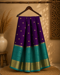 Premium Crape Chex Patti Saree with Purple and Teal Colour Combination and Premium Woven Zari Border.